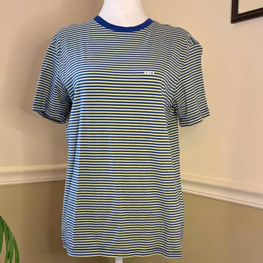 Obey Men's Blue and Green Striped Tee